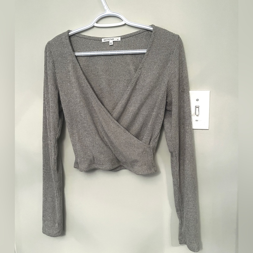 Grey Wrap Style  V-Neck Long Sleeve Top